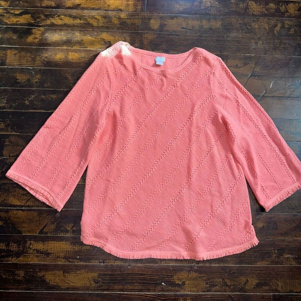 Chicos 3/XL pink fringe textured scoop neck cotton sweater